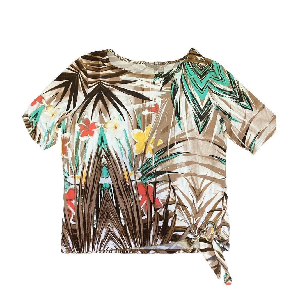 Chicos Tropical Floral Top Hawaiian Short Sleeve Side Tie Buckle 2 medium